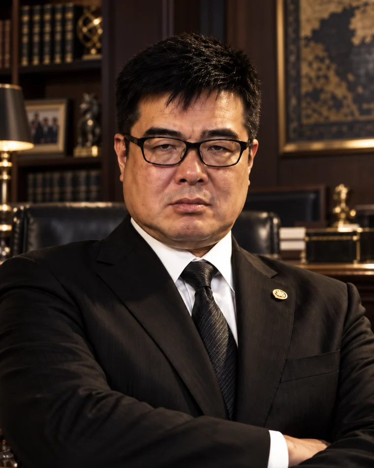 野野村 泰二 弁護士の紹介用イメージ写真（眼鏡をかけたスーツ姿で、書斎を背景に腕を組む）