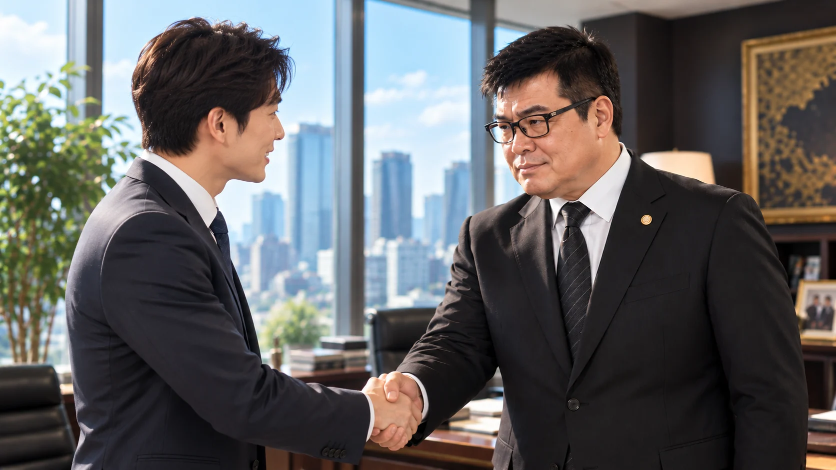 高層ビルを望む明るい事務所で、眼鏡をかけたスーツ姿の弁護士が、相談に訪れた男性と握手しているイメージ写真。